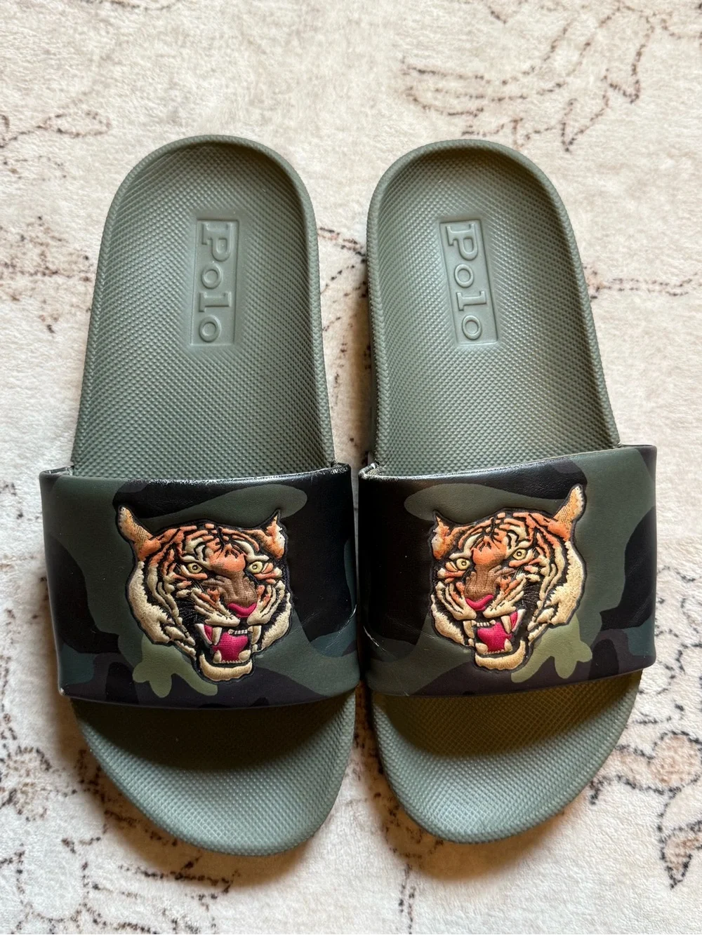 Polo by Ralph Lauren Green Camouflage Slides with Tiger Embroidered Patch